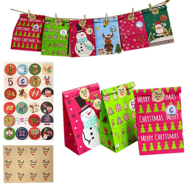 NP0002 52 pcs Christmas DIY Countdown Calendar Kraft Paper Bag Party Candy Bag Amazon Wholesale