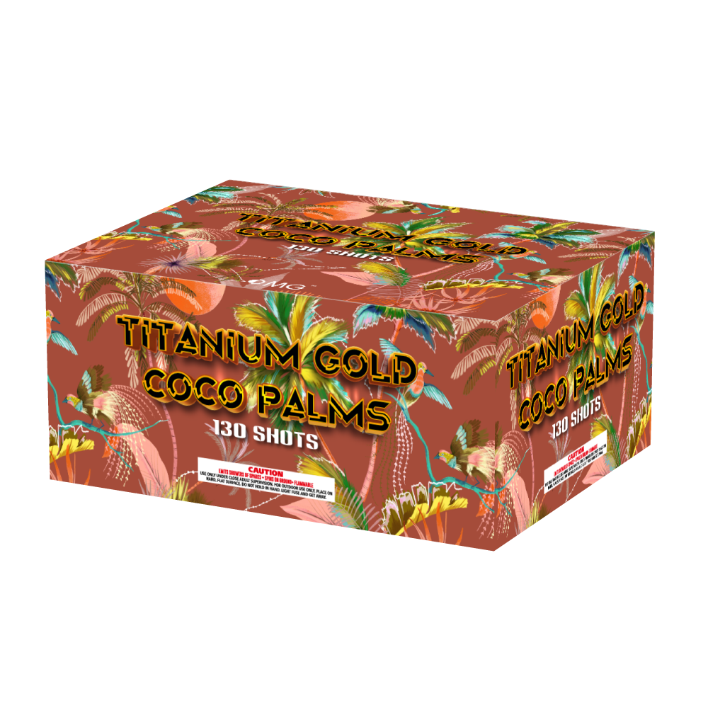 OMG Nuevo diseño EUO220 130 disparos TITANIO ORO PALMAS DE COCO Tortas Fuegos artificiales